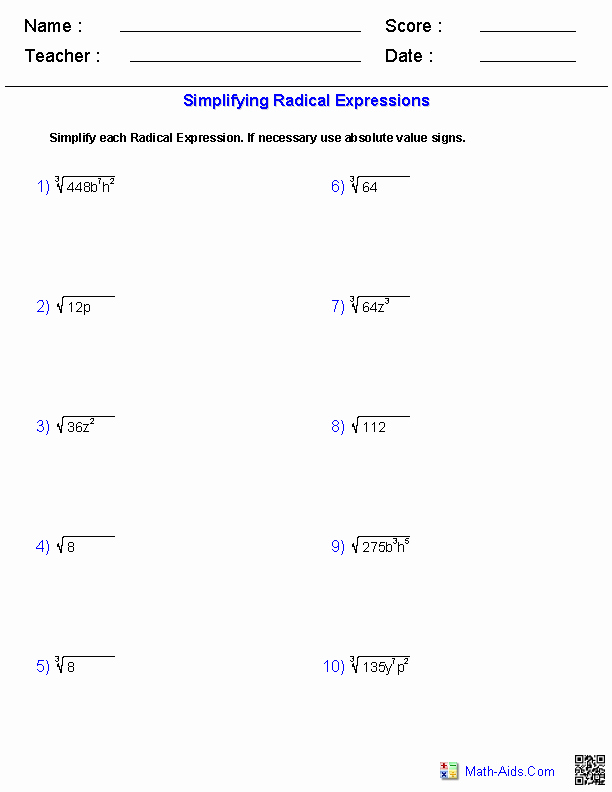 Simplifying Radical Expressions Worksheet Awesome Algebra 1 Worksheets