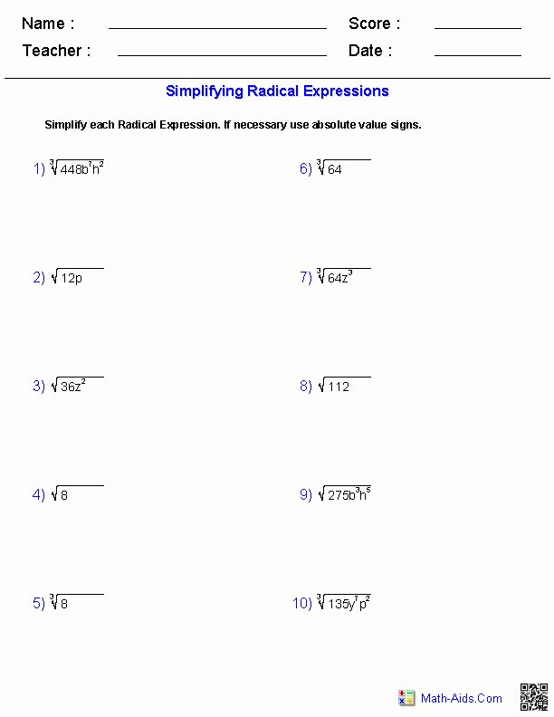 Simplifying Radical Expressions Worksheet Beautiful Simplifying Radicals Worksheet 1