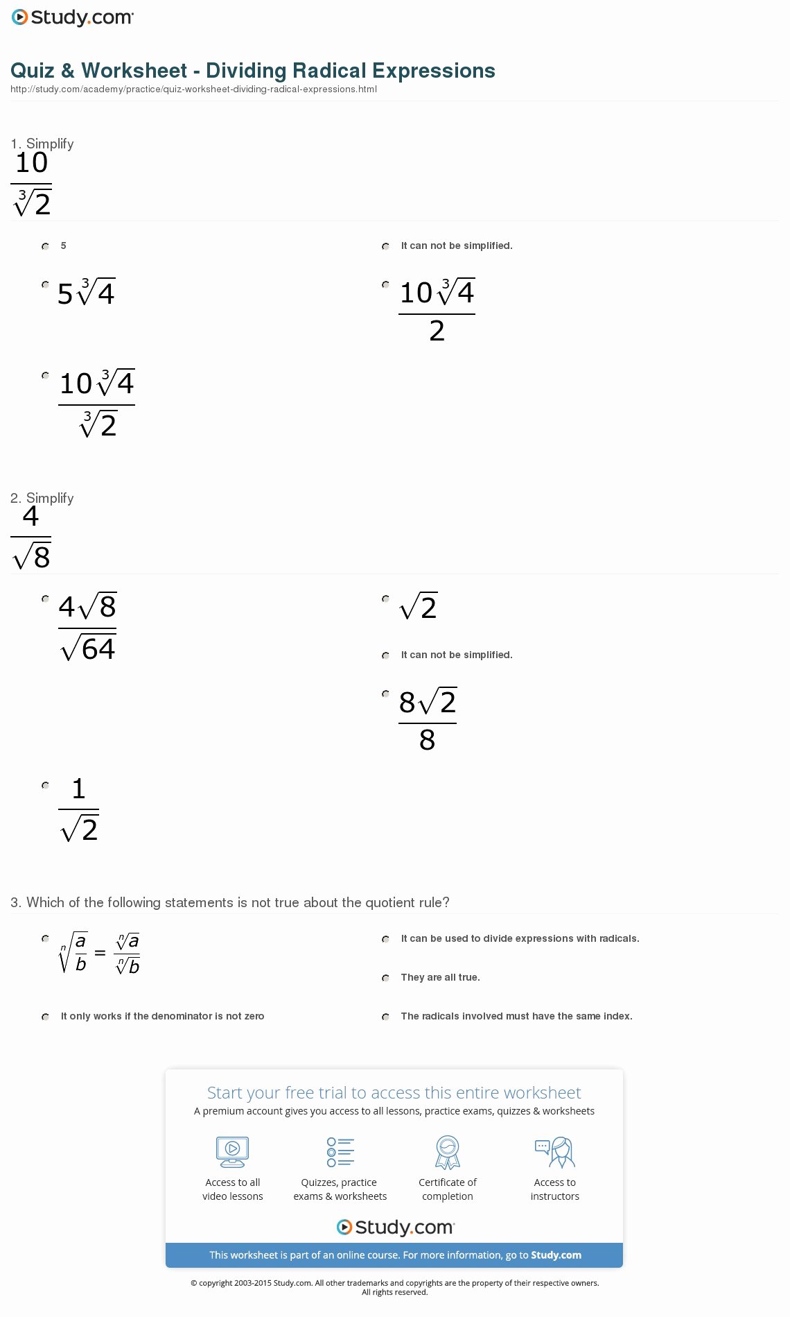 Simplifying Radical Expressions Worksheet Inspirational Quiz &amp; Worksheet Dividing Radical Expressions