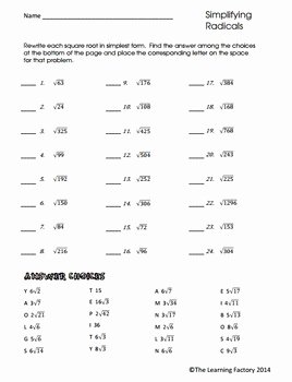 Simplifying Radicals Practice Worksheet Elegant Simplifying Radicals Self Checking Worksheet by the Math