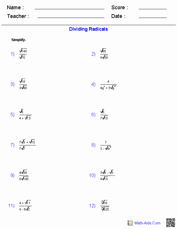 Simplifying Radicals Practice Worksheet Luxury Algebra 2 Worksheets