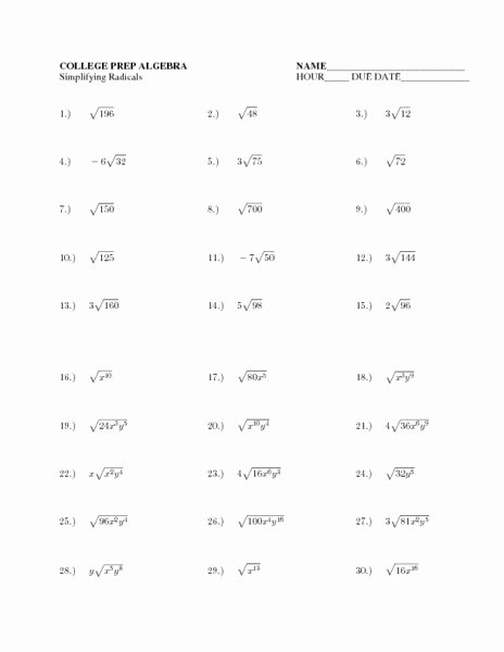 Simplifying Radicals Practice Worksheet New Simplifying Radicals Worksheet Algebra 1 Algebra