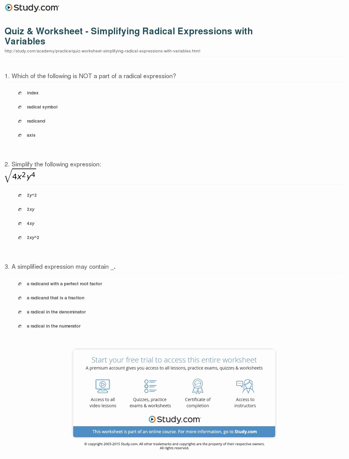 Simplifying Radicals with Variables Worksheet Luxury Quiz &amp; Worksheet Simplifying Radical Expressions with