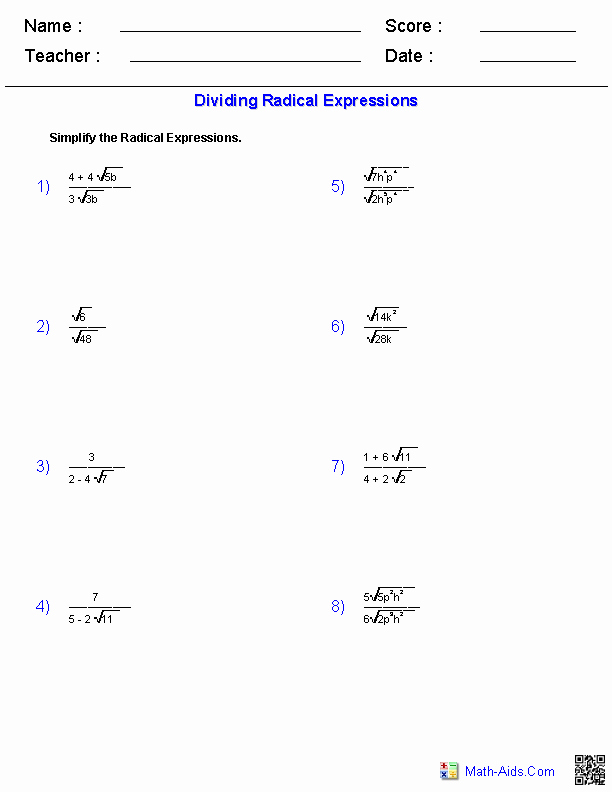 Simplifying Radicals Worksheet 1 Elegant Algebra 1 Worksheets