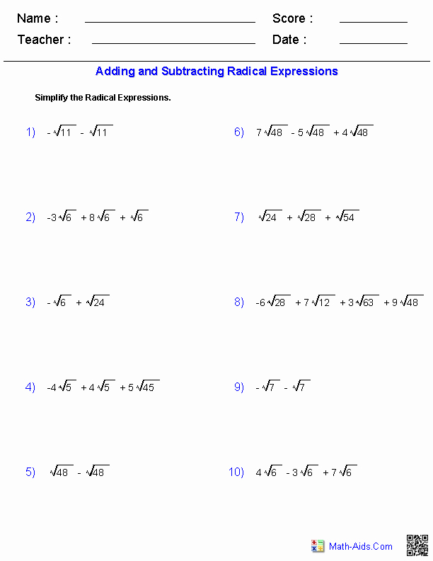 Simplifying Radicals Worksheet 1 Lovely Algebra 1 Worksheets