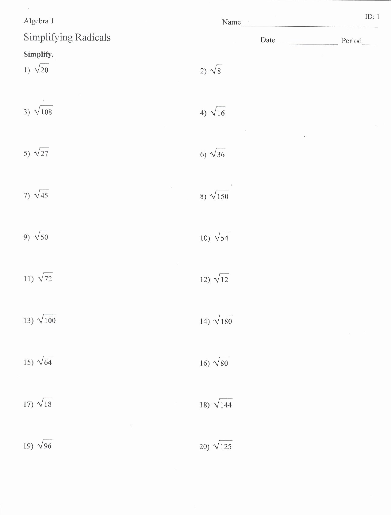 Simplifying Radicals Worksheet 1 Answers