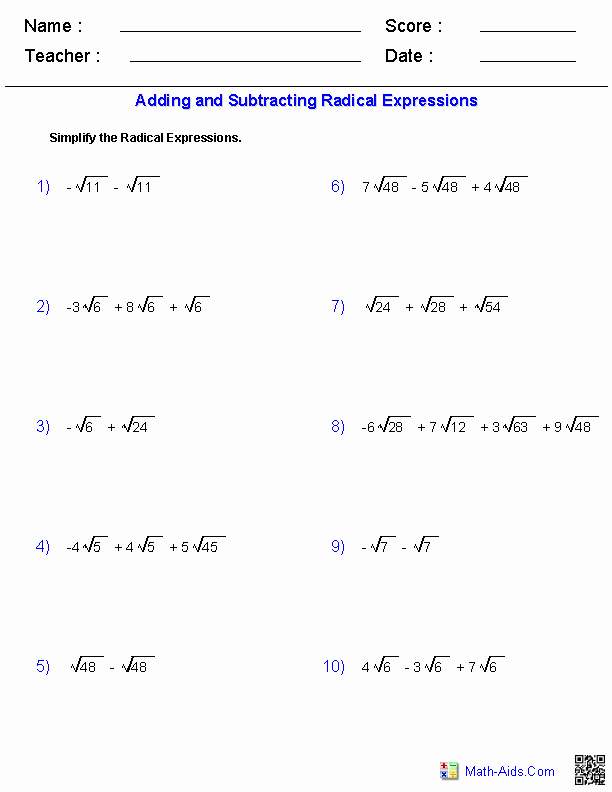 Simplifying Radicals With Variables Worksheet Algebra 2