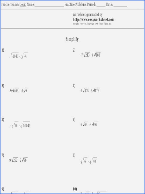 Simplifying Radicals Worksheet Algebra 2 Unique Simplifying Radical Expressions Worksheet