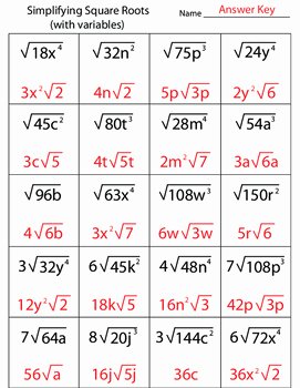 Simplifying Radicals Worksheet Answer Key Awesome Simplifying Square Roots with Variables Worksheet by Kevin