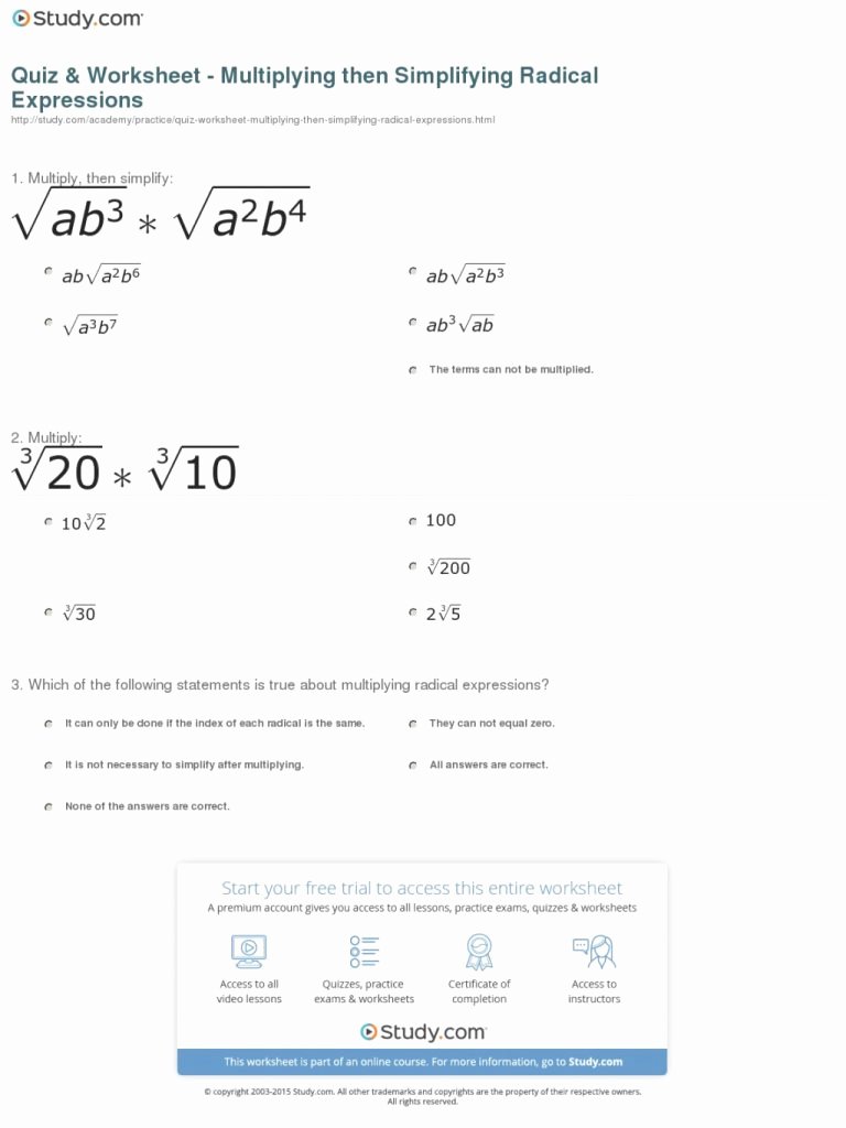 Simplifying Radicals Worksheet Answers Awesome Unbelievable Quiz Worksheet Multiplying then Simplifying