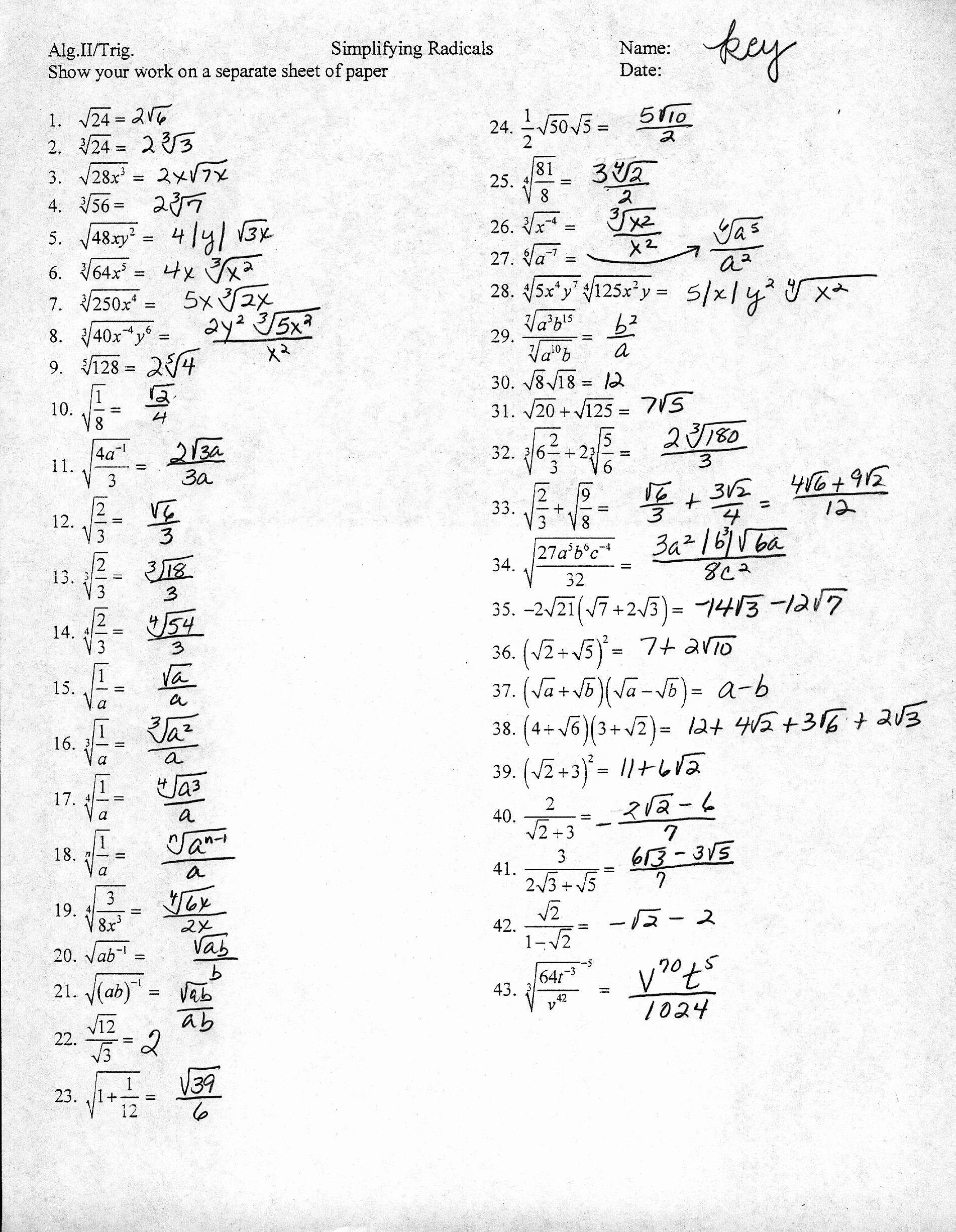 Simplifying Radicals Worksheet with Answers Elegant Algebra 2 Homework Help Answers
