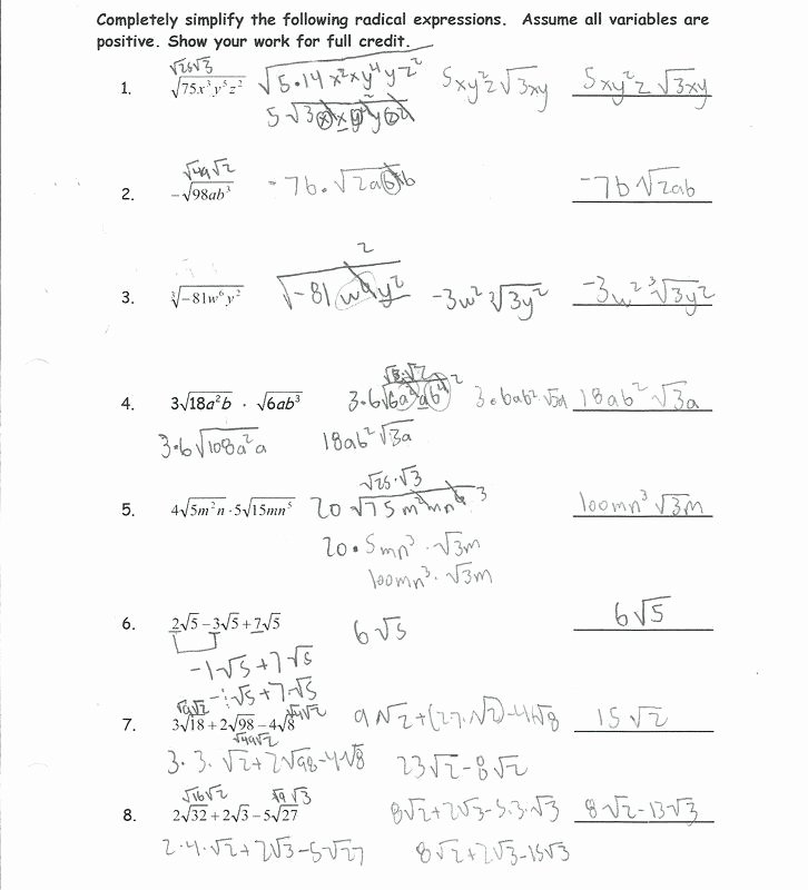 Simplifying Radicals Worksheet with Answers Fresh Simplifying Radical Expressions Worksheet Answers