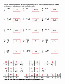 Simplifying Radicals Worksheet with Answers Lovely Simplifying Square Roots Worksheet with Puzzle by Leffler