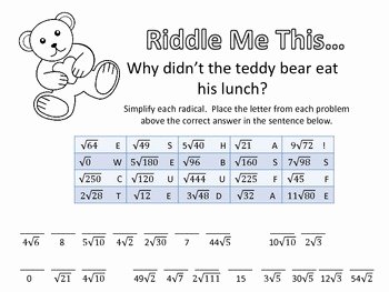 Simplifying Radicals Worksheet with Answers New Riddle Me This Simplifying Radicals Easy by