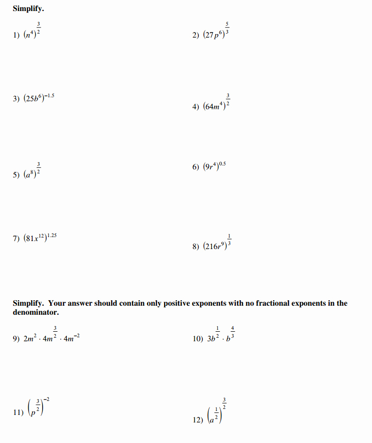 Simplifying Rational Exponents Worksheet