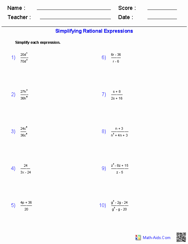 Simplifying Rational Expressions Worksheet Answers Unique Algebra 1 Worksheets