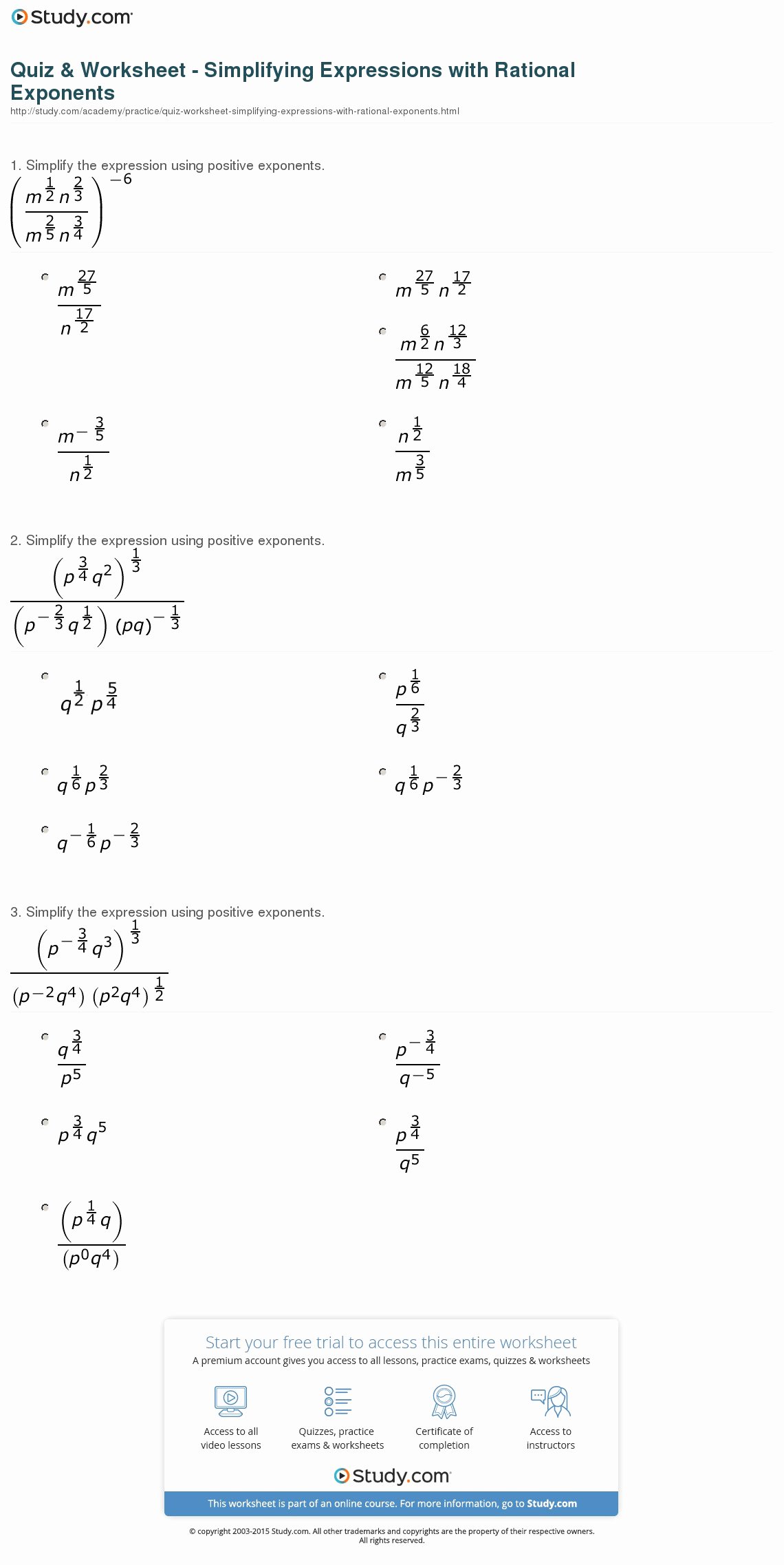 Simplifying Rational Expressions Worksheet Answers Unique Quiz &amp; Worksheet Simplifying Expressions with Rational