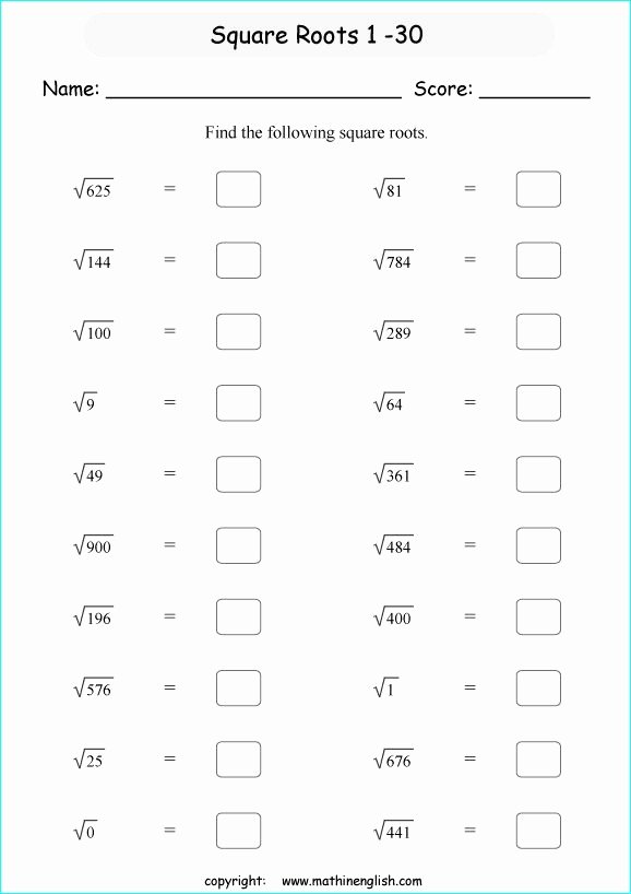 Square Root Worksheets