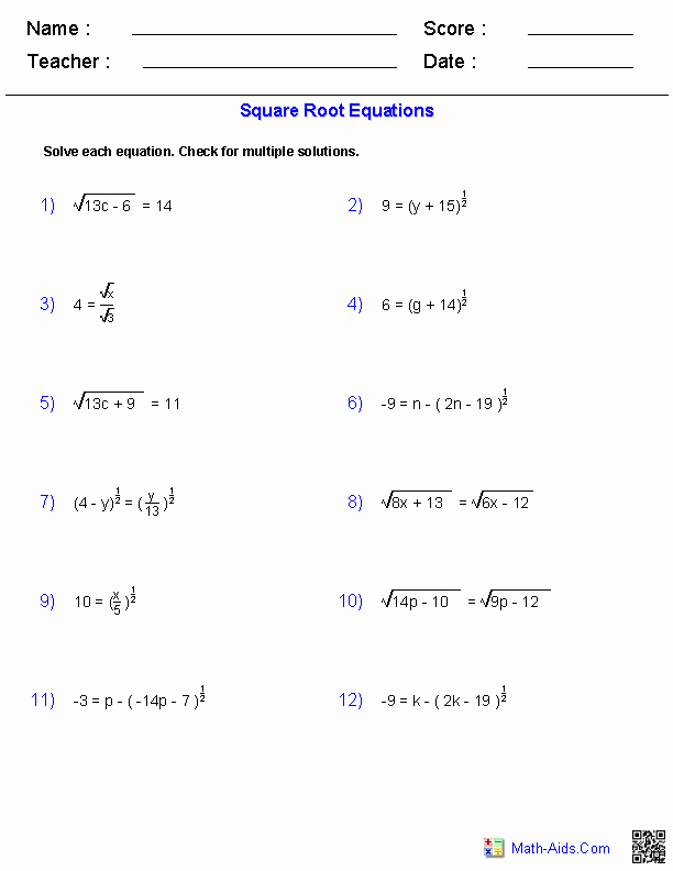 Simplifying Square Roots Worksheet Multiple Choice