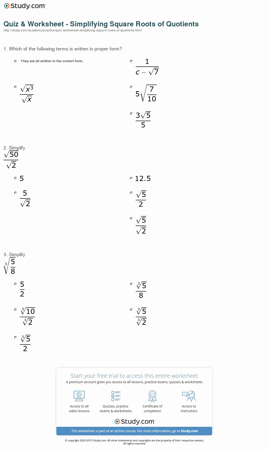 Simplify Square Root Worksheet