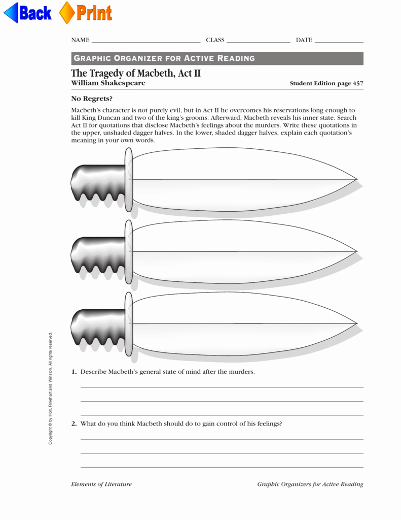 Skills Worksheet Active Reading Beautiful the Tragedy Of Macbeth Act Ii Graphic organizer for