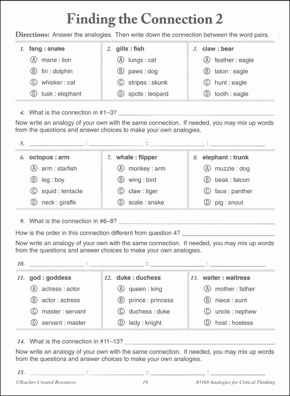 Skills Worksheet Critical Thinking Analogies Lovely Analogies for Critical Thinking Grade 5 Teacher Created