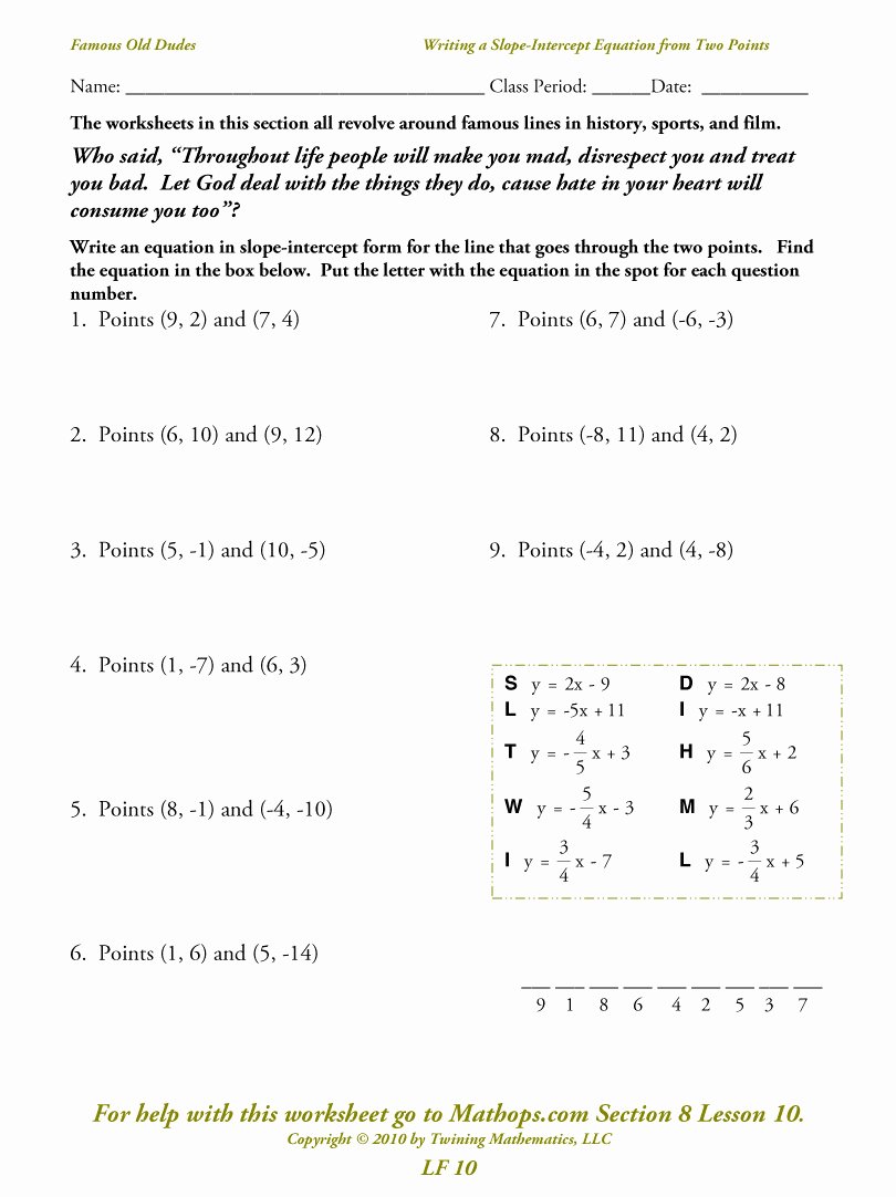 Slope Intercept form Worksheet Best Of Lf 10 Writing A Slope Intercept Equation From Two Points