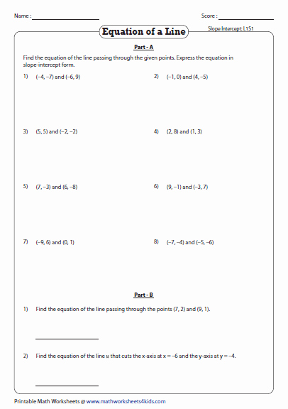 Slope Intercept form Worksheet Unique Equation Of A Line Passing Through Two Points Worksheets
