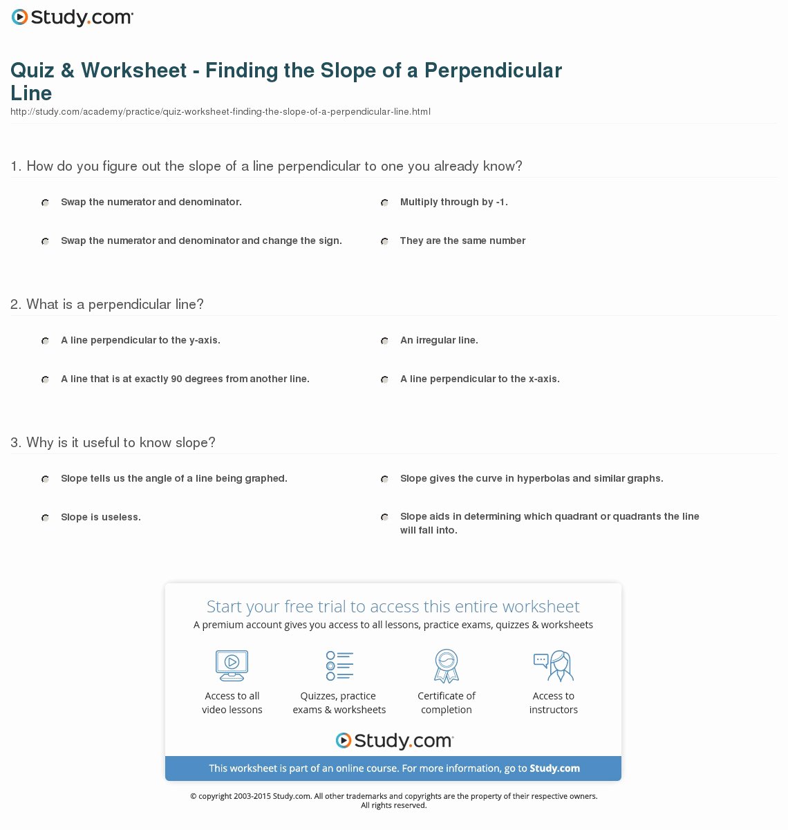 Slope Of A Line Worksheet New Quiz &amp; Worksheet Finding the Slope Of A Perpendicular