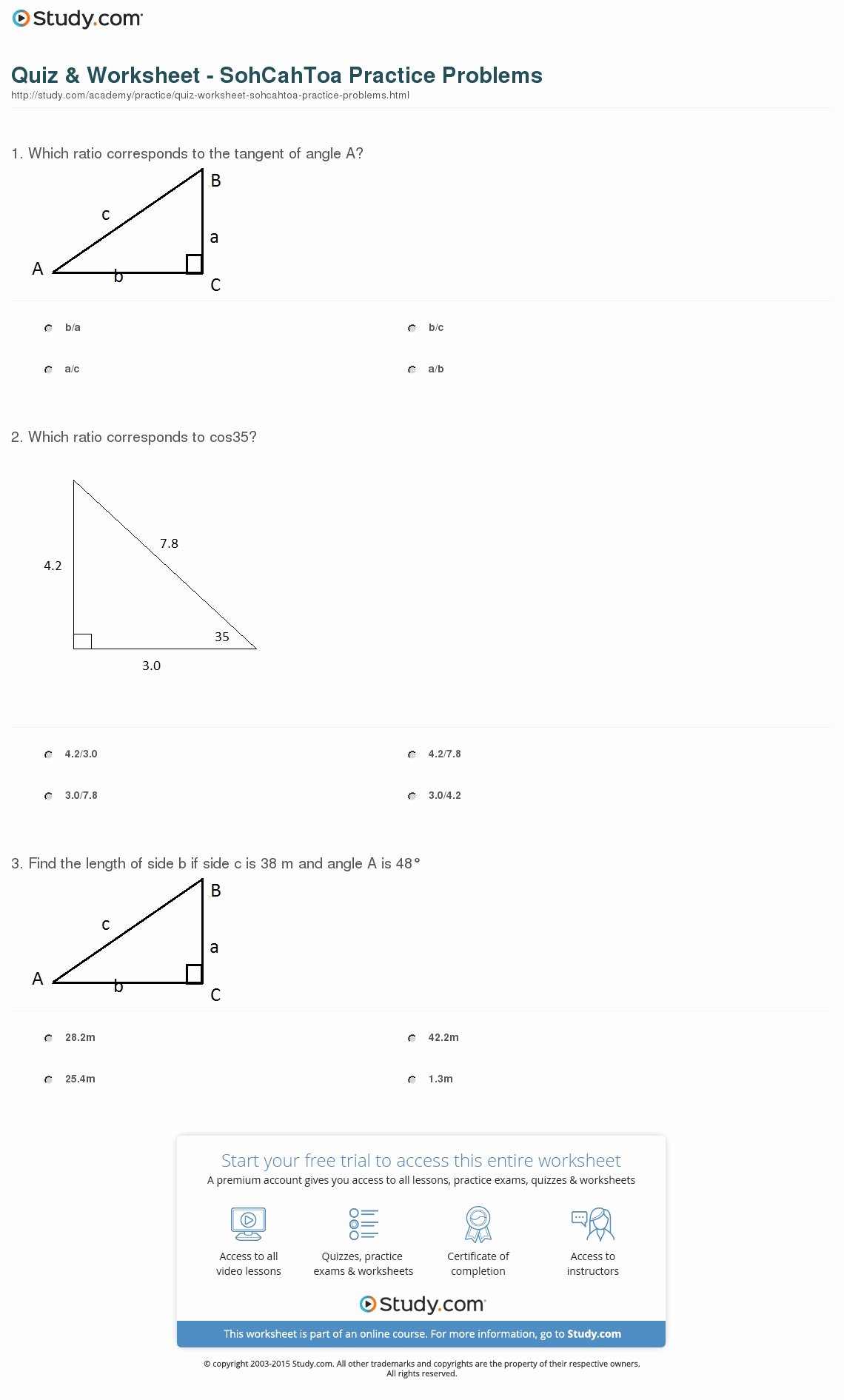 Soh Cah toa Worksheet Lovely Quiz &amp; Worksheet sohcahtoa Practice Problems