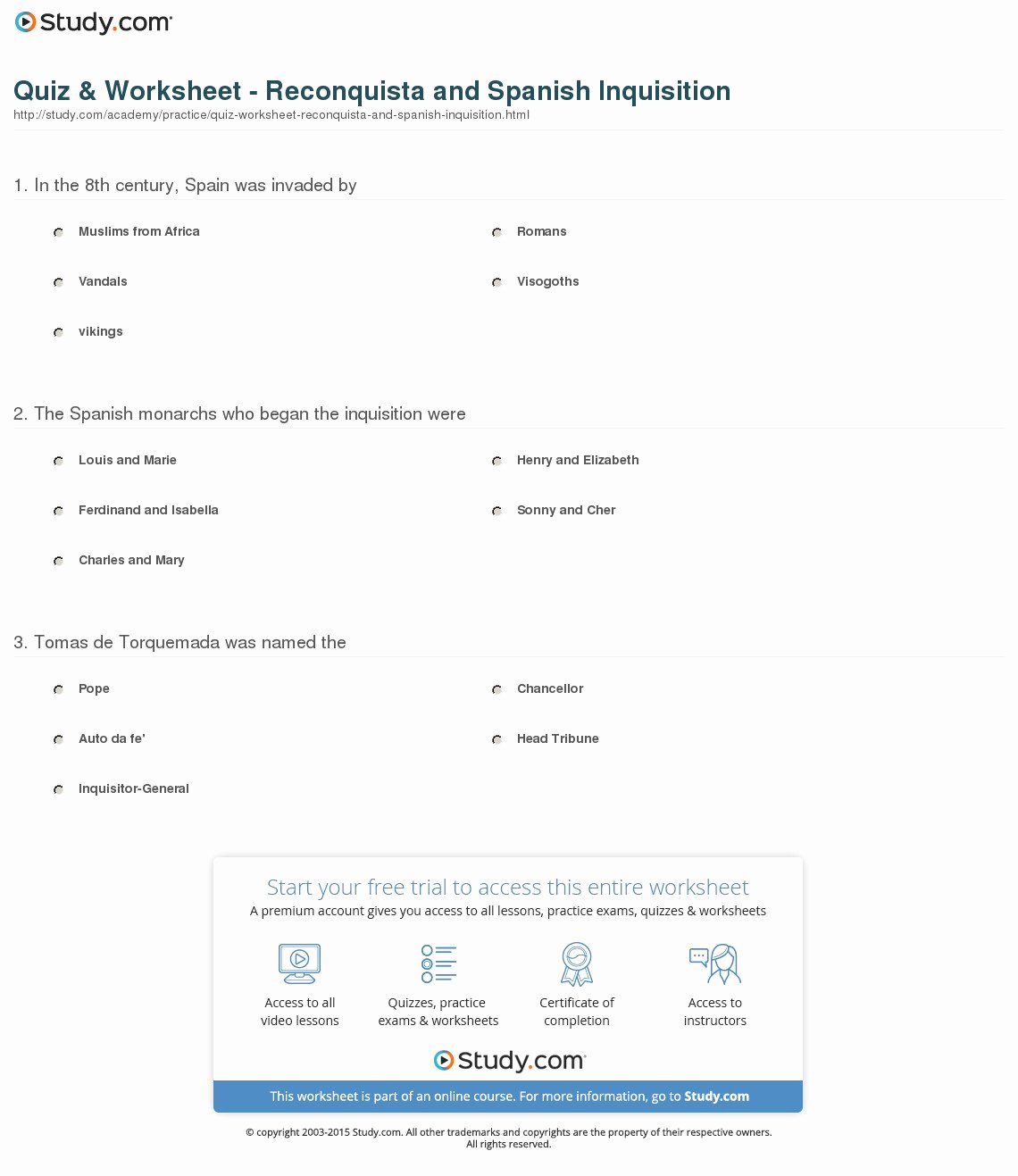 Soil formation Worksheet Answers Beautiful Quiz &amp; Worksheet Reconquista and Spanish Inquisition