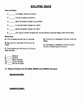 Solar and Lunar Eclipses Worksheet Beautiful solar and Lunar Eclipse Quiz by Faith In Education
