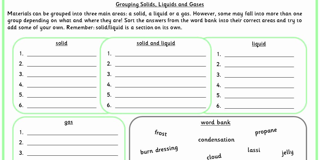 Solid Liquid Gas Worksheet Awesome Grouping solids Liquids and Gases