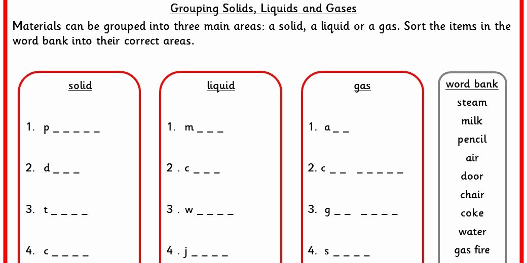 Solid Liquid Gas Worksheet Fresh Grouping solids Liquids and Gases