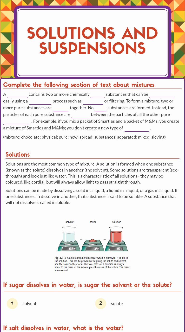 Solutions Colloids And Suspensions Worksheet