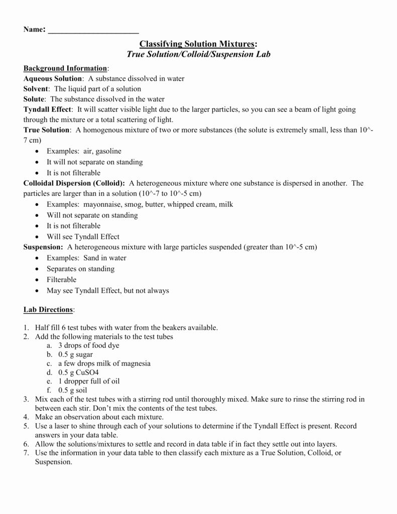 Solutions Colloids and Suspensions Worksheet Lovely solutions Colloids and Suspensions Worksheet
