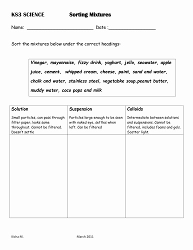 Solutions Colloids and Suspensions Worksheet Lovely sorting Mixtures Worksheet by Kicha Teaching Resources Tes