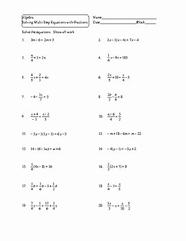 Algebra Solve Multi step Equations with Fractions Worksheet