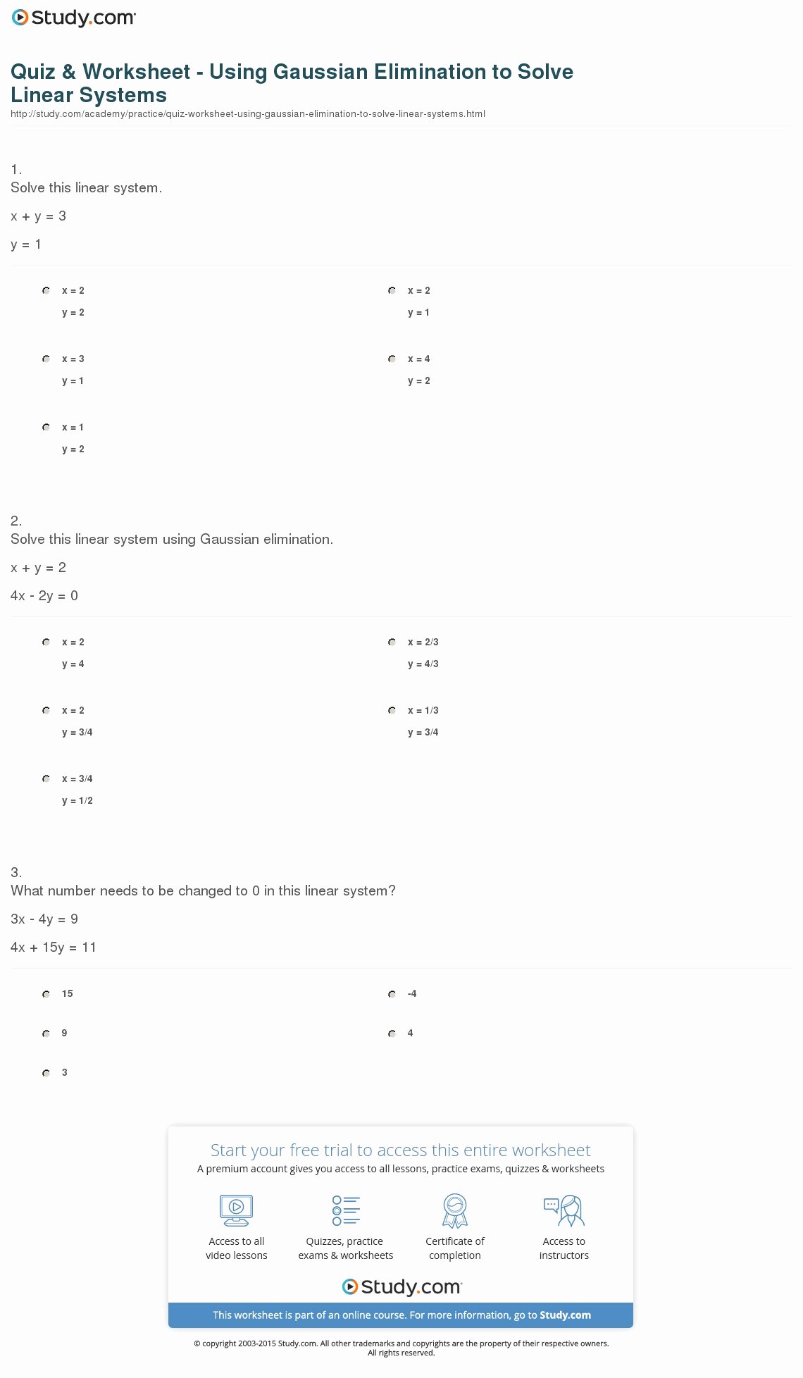 Solve by Elimination Worksheet New Quiz &amp; Worksheet Using Gaussian Elimination to solve