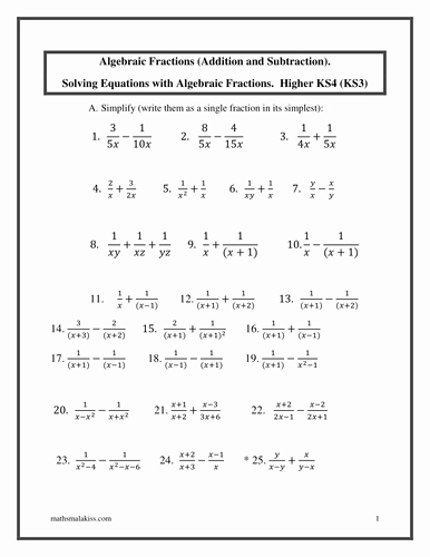 Solve Equations with Fractions Worksheet Elegant Algebraic Fractions Add Equations Ks4 Higher by