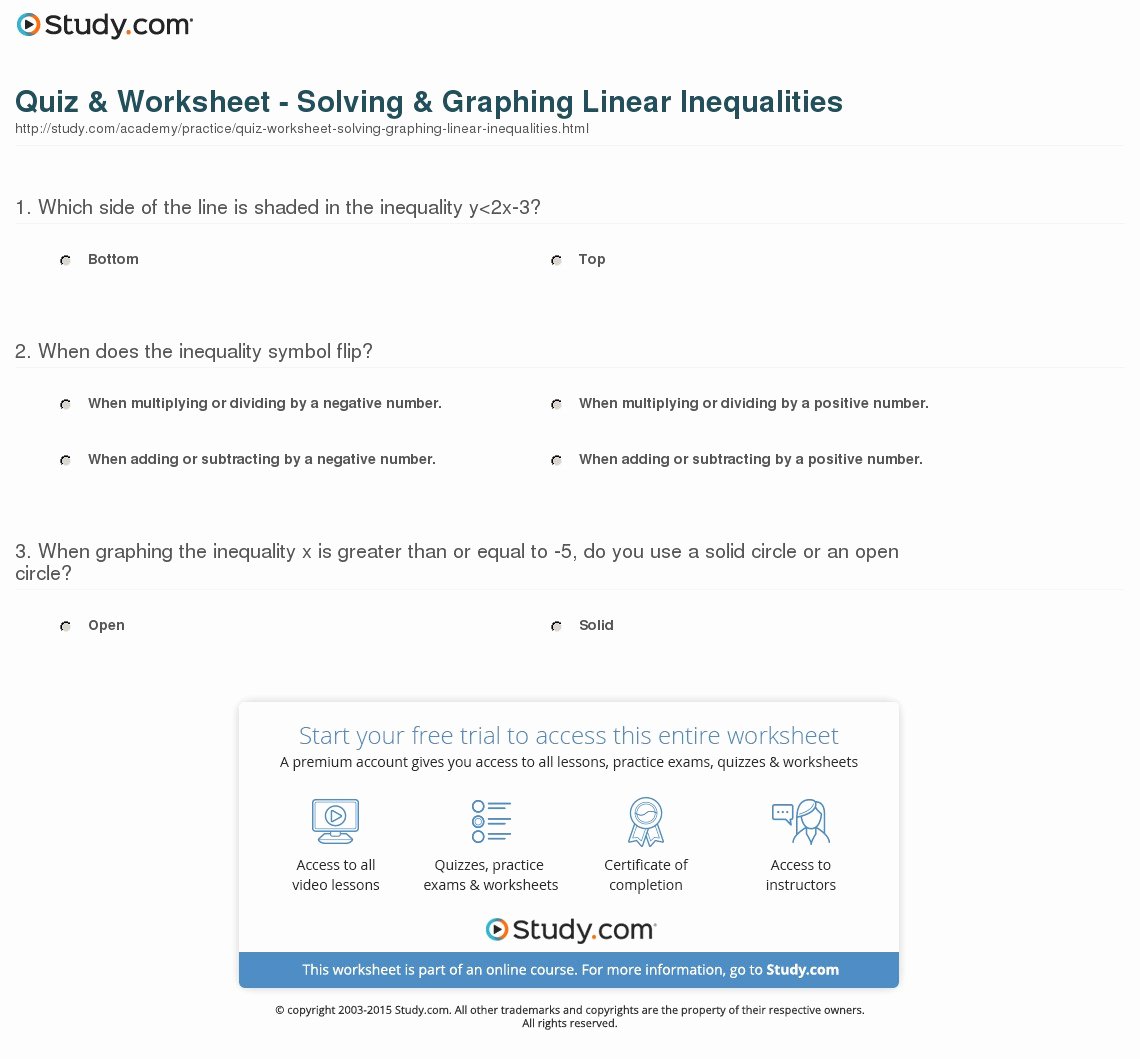 Solve Linear Inequalities Worksheet Elegant Quiz &amp; Worksheet solving &amp; Graphing Linear Inequalities