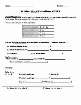 Solve Literal Equations Worksheet Beautiful solving Literal Equations Notes and Worksheet solving for