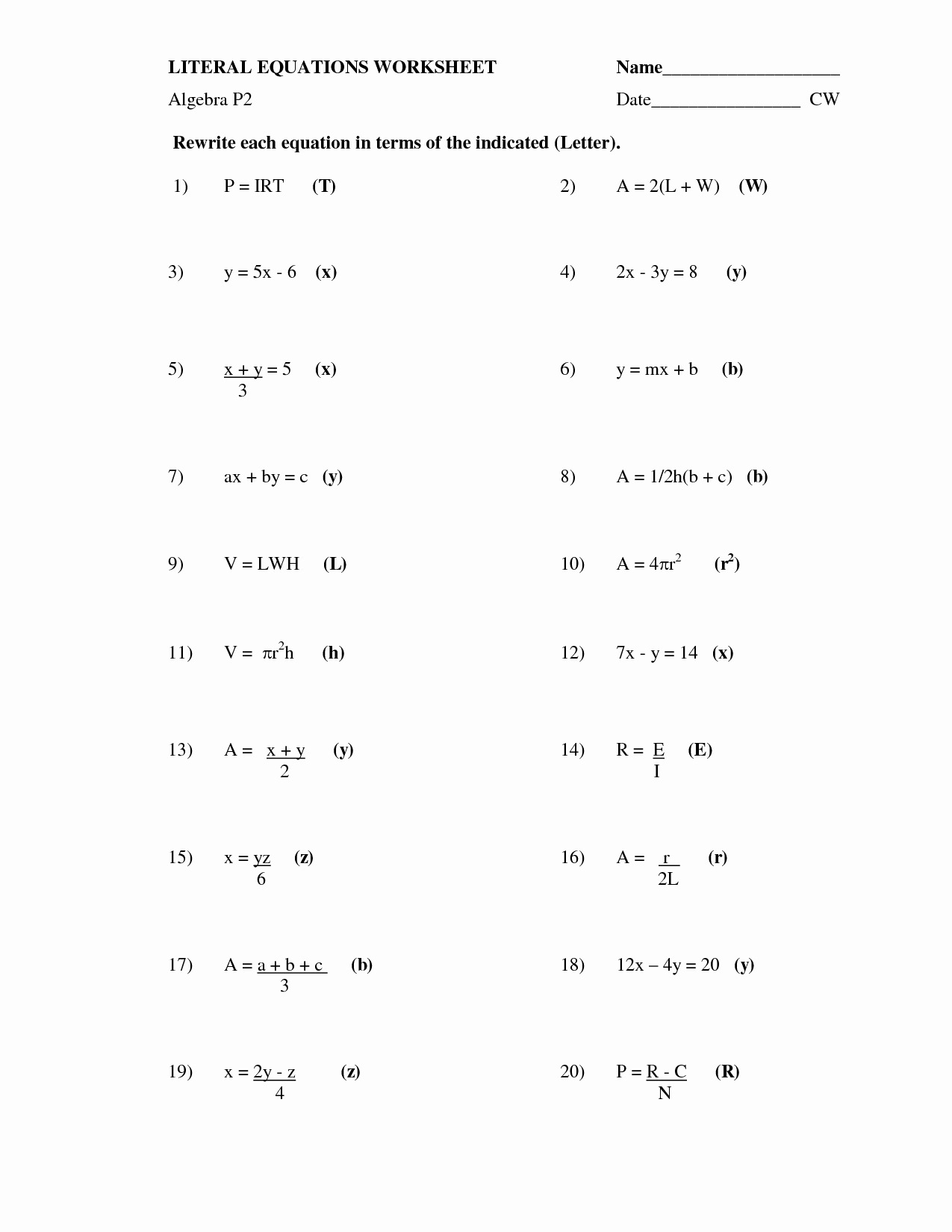 Solve Literal Equations Worksheet Lovely 13 Best Of Literal Equations Worksheet Algebra 2