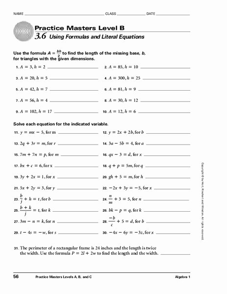 Solve Literal Equations Worksheet Luxury Using formulas and Literal Equations Worksheet for 9th