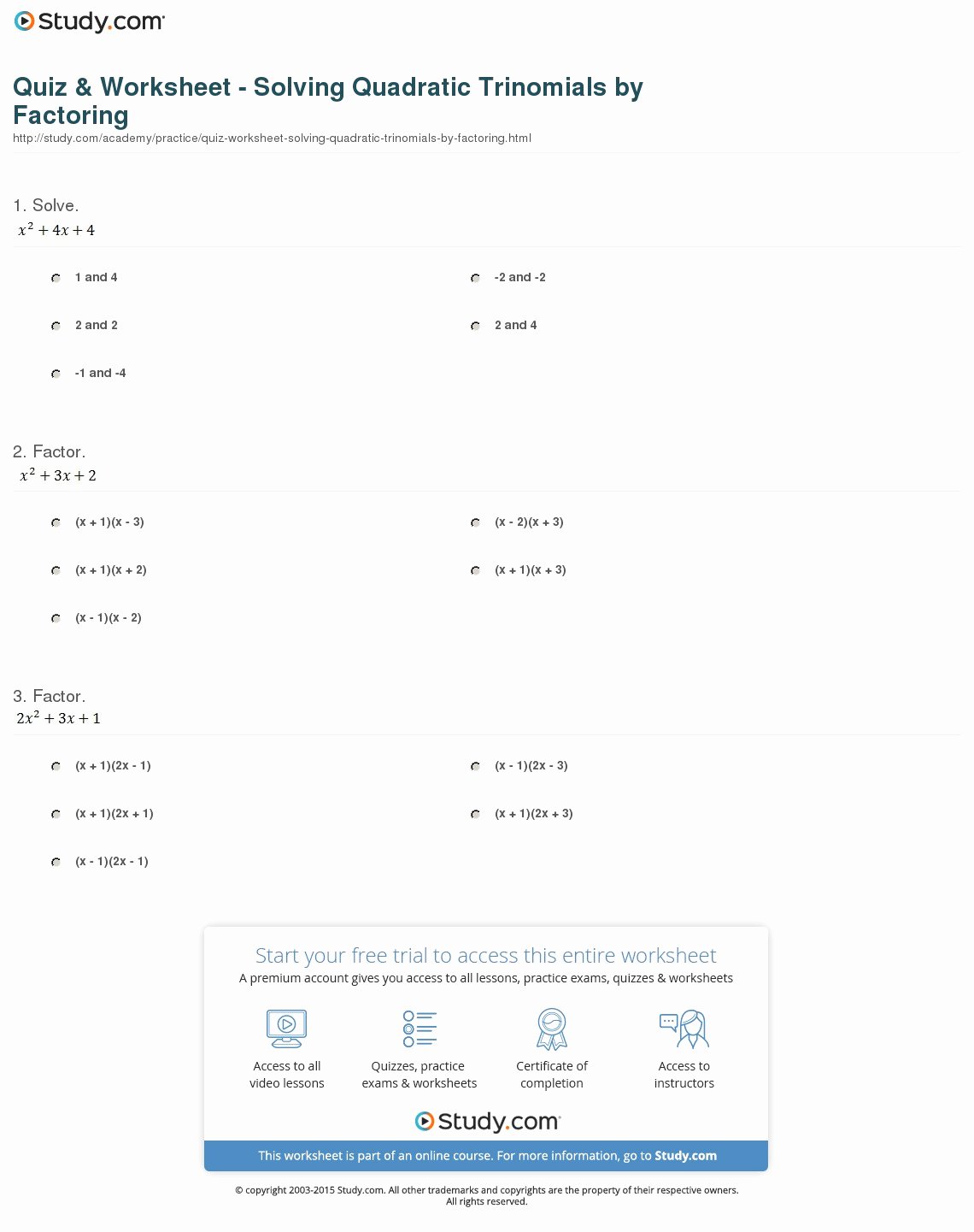 Solve Quadratics by Factoring Worksheet Elegant Quiz &amp; Worksheet solving Quadratic Trinomials by