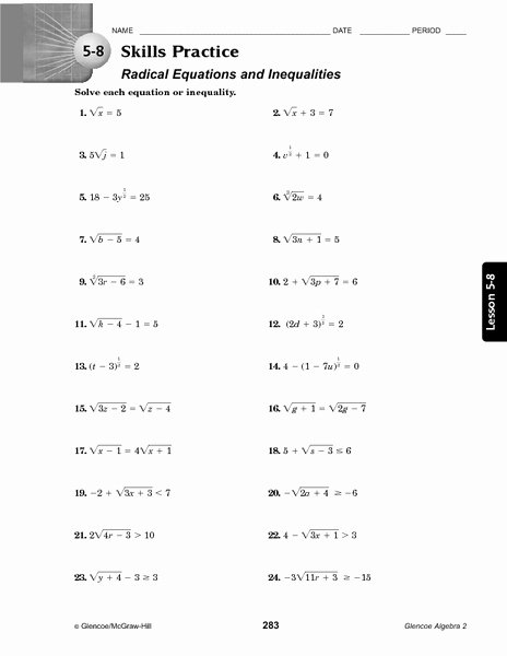 Solve Radical Equations Worksheet Unique 5 8 Skills Practice Radical Equations and Inequalities