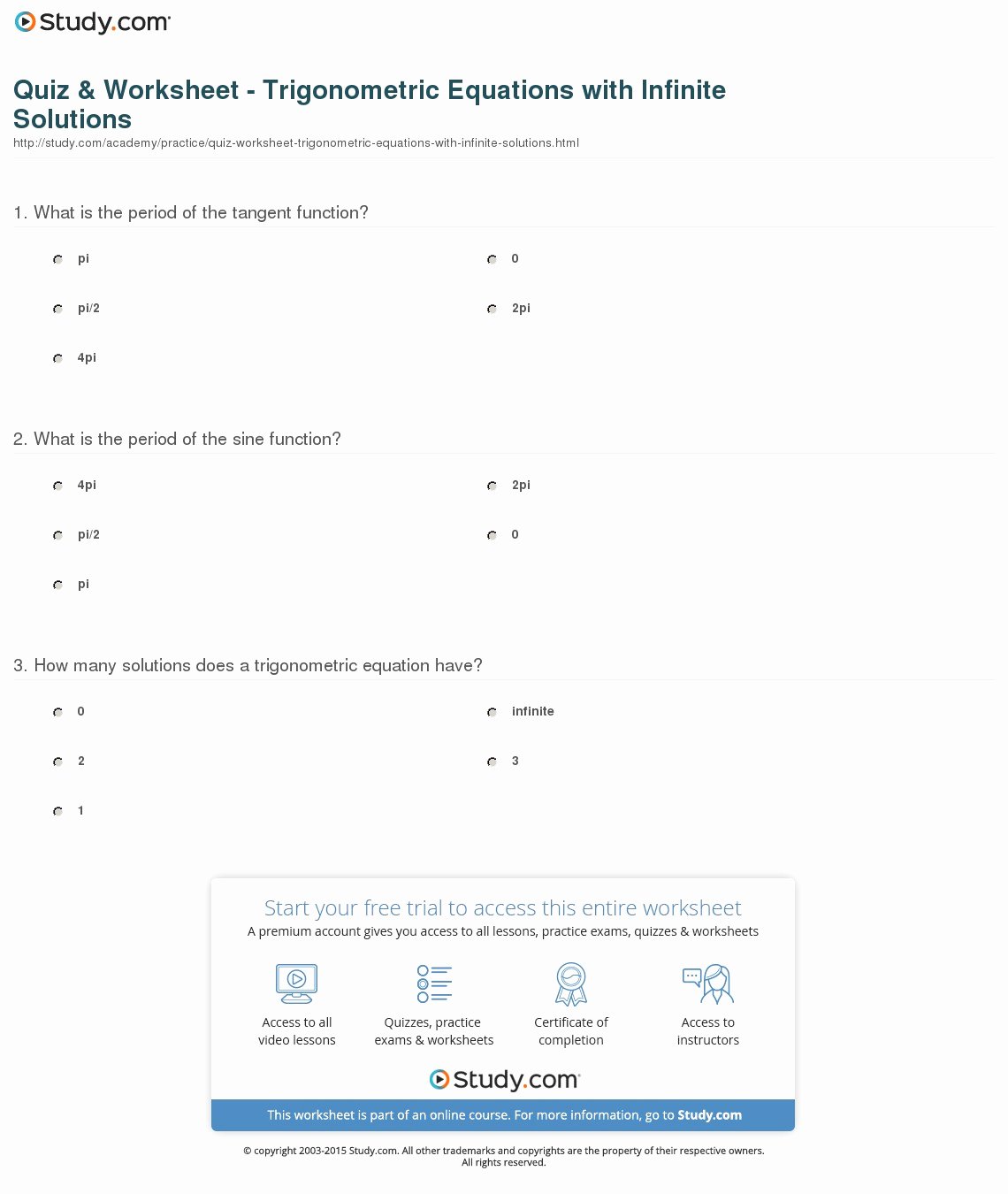 Solve Trig Equations Worksheet Inspirational Quiz &amp; Worksheet Trigonometric Equations with Infinite