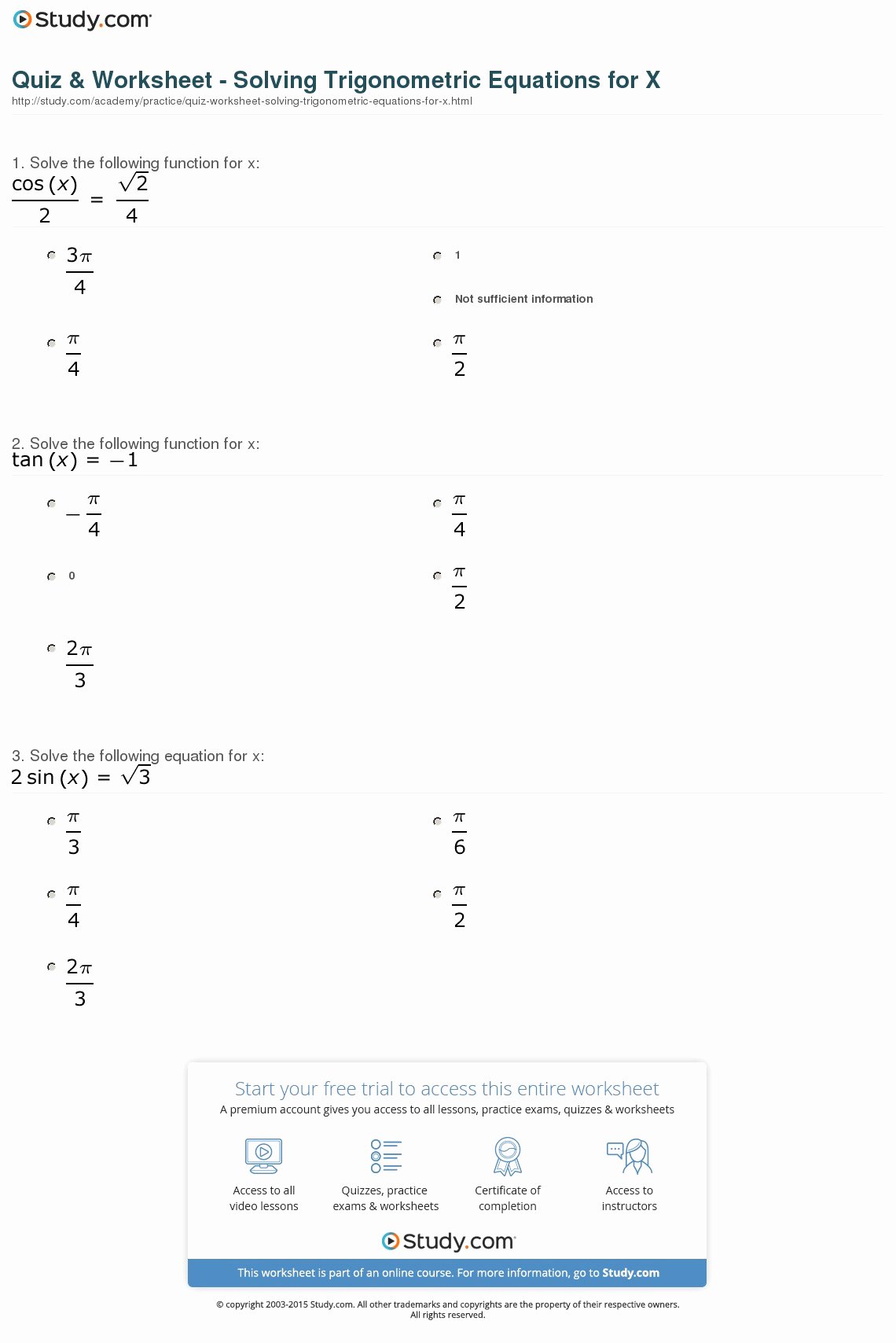 Solve Trig Equations Worksheet Lovely Quiz &amp; Worksheet solving Trigonometric Equations for X