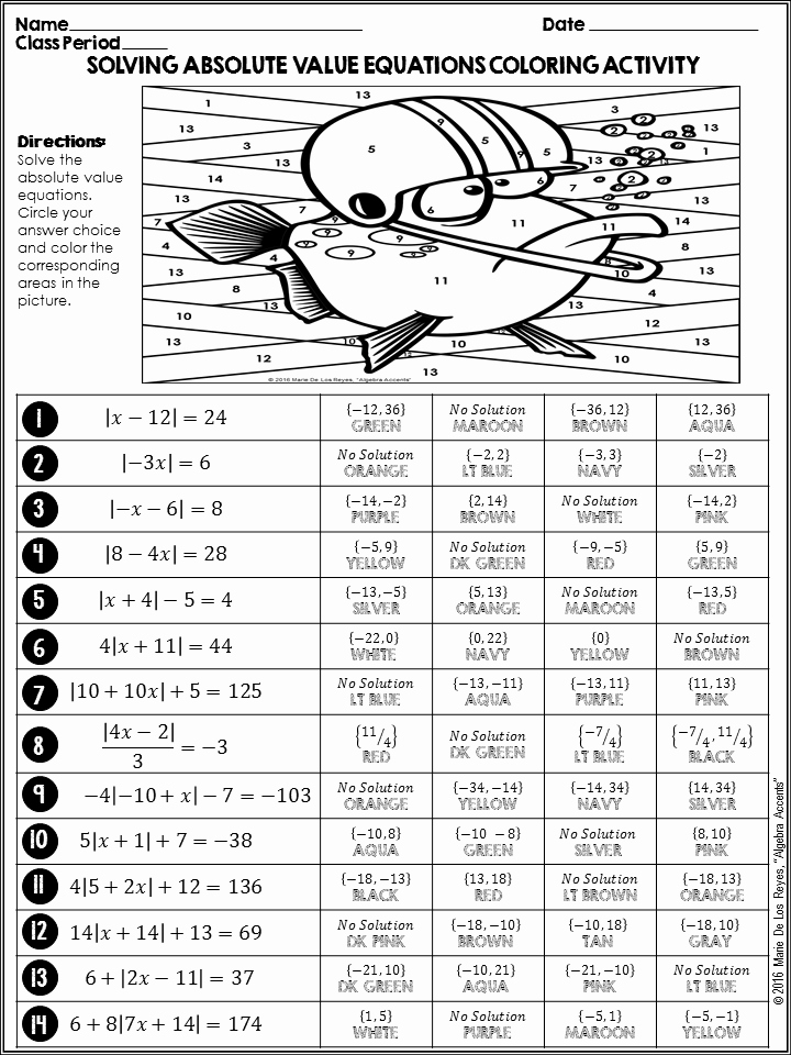 Solving Absolute Value Equations Worksheet Fresh solving Absolute Value Equations Coloring Activity