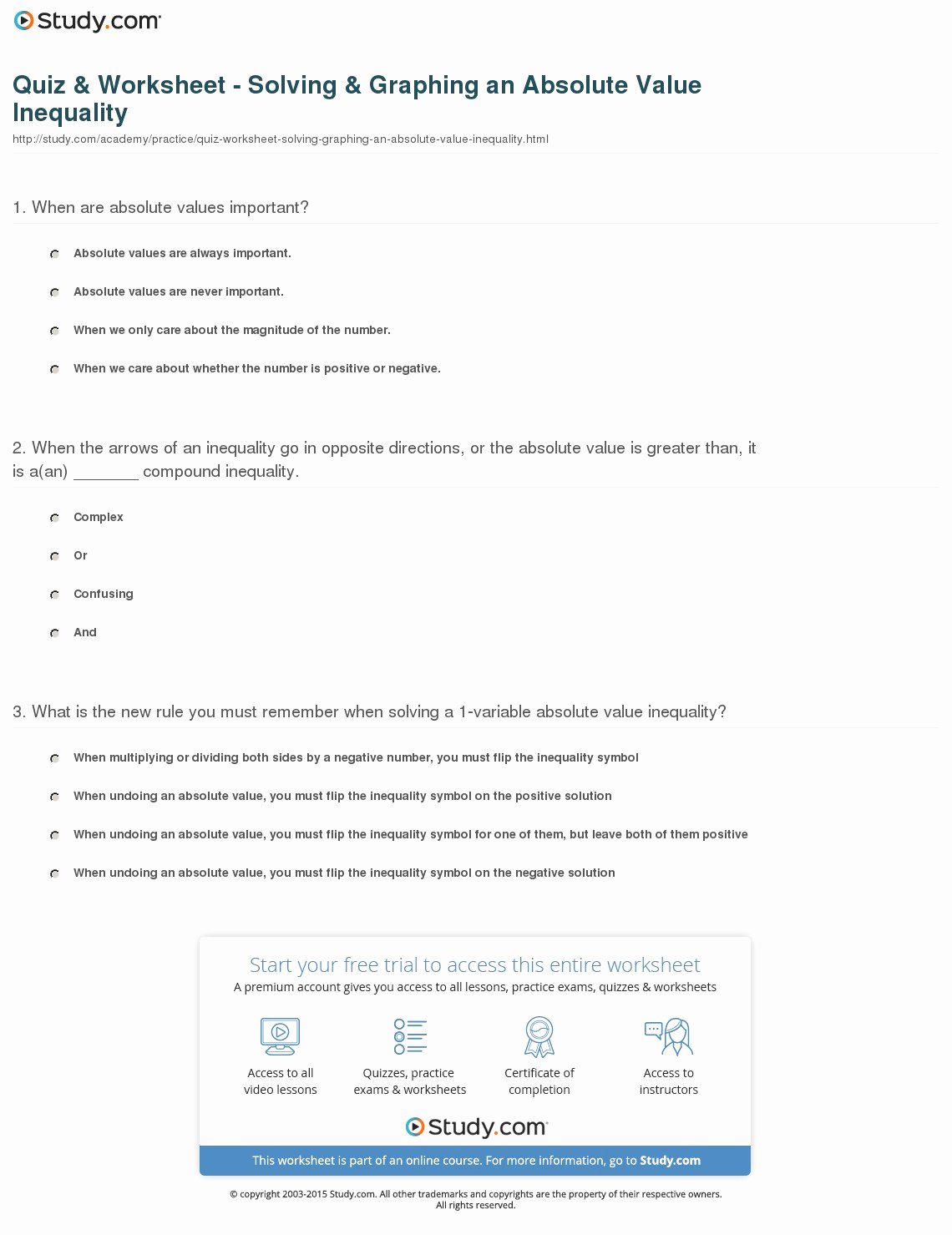 Solving Absolute Value Equations Worksheet Luxury Quiz &amp; Worksheet solving &amp; Graphing An Absolute Value